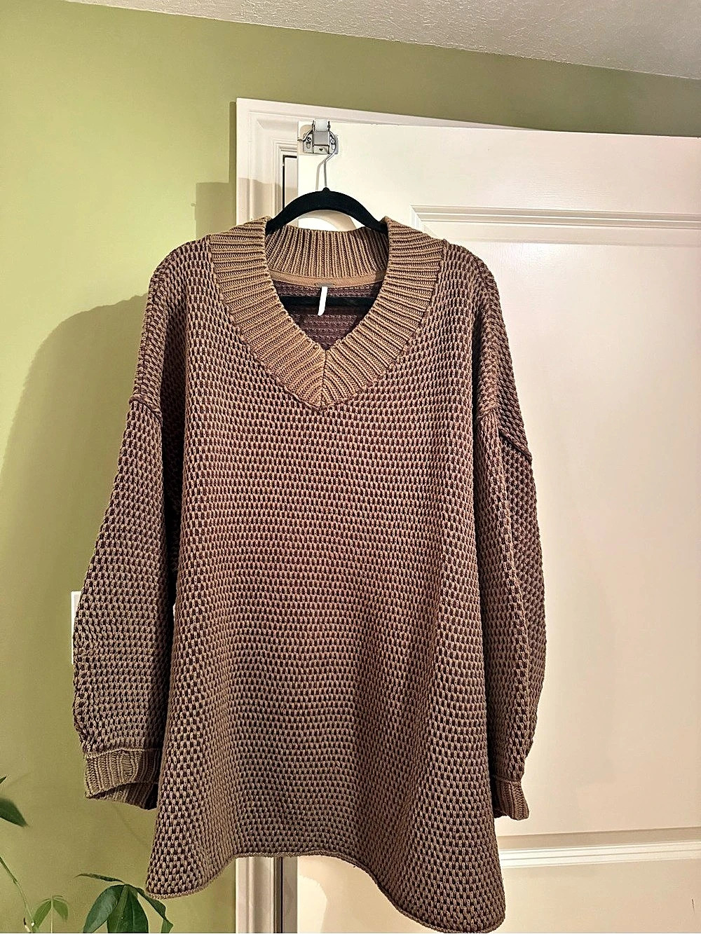 Free People Brown Olive Green Waffle Knit Oversized Sweater XL